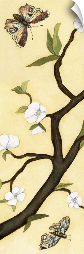 Contemporary decor artwork of white flowers on a dark brown tree branch against a pale yellow background.