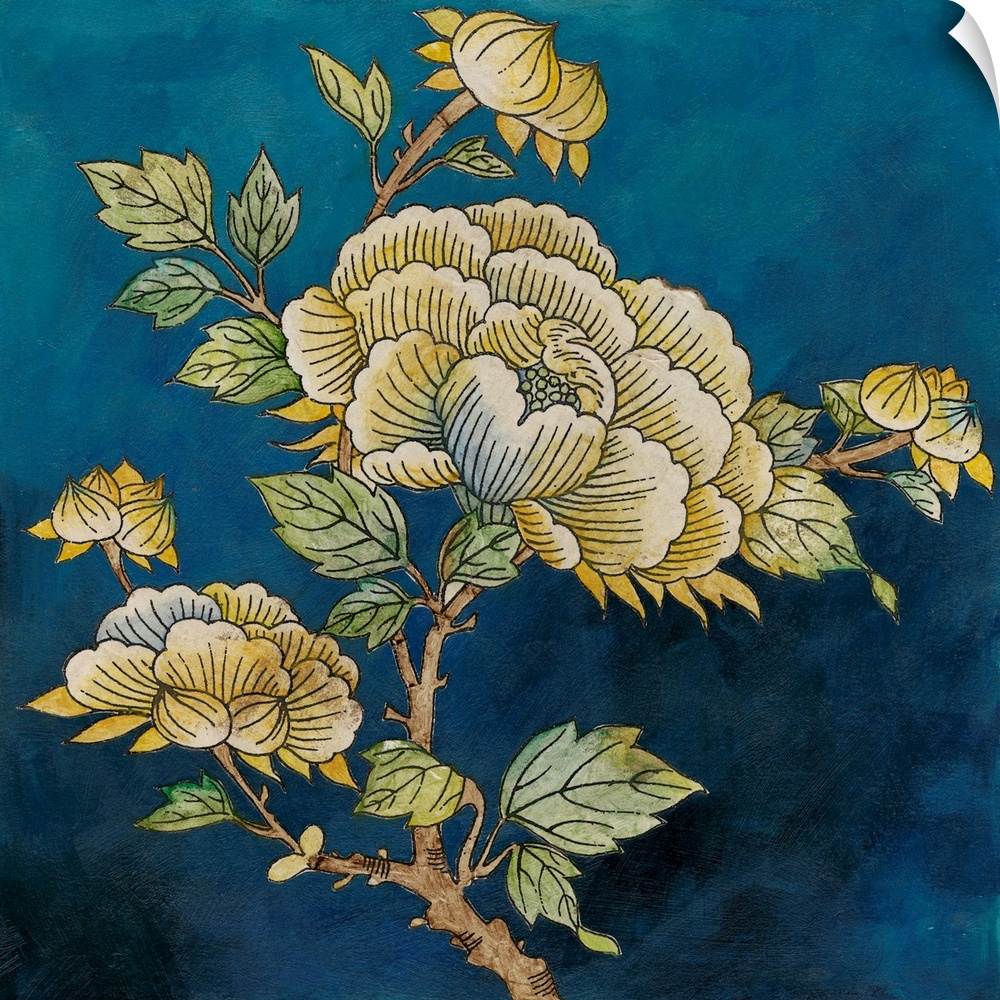 Contemporary artwork of eastern inspired flowers against a dark blue background.