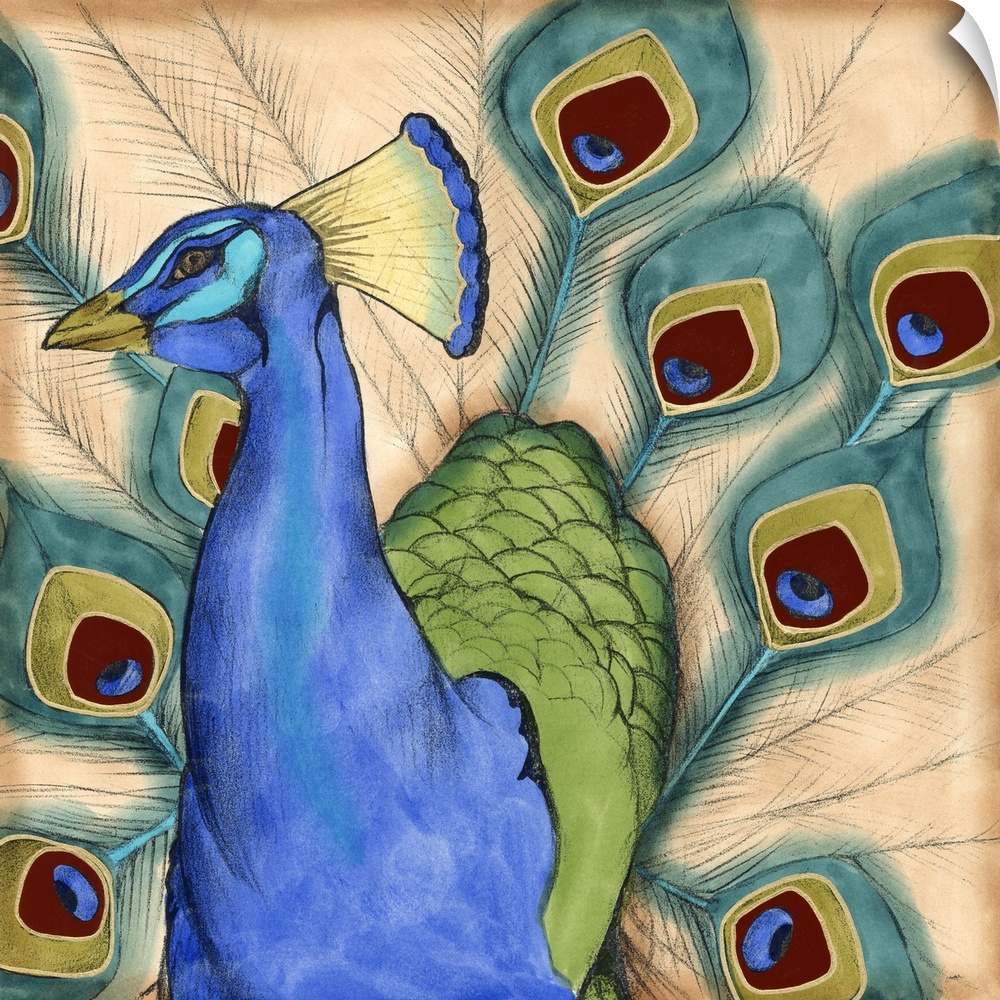 Contemporary artwork of a peacock displaying plumage.