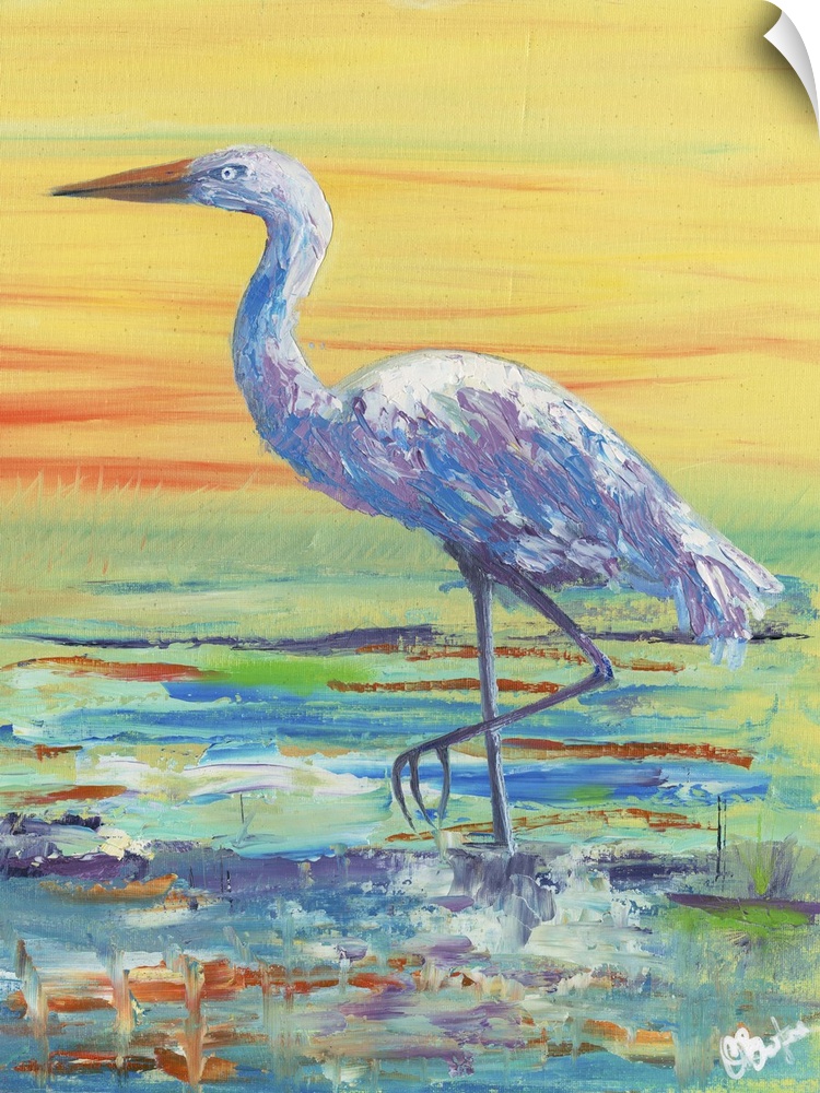 Painting of a white egret standing in shallow water at sunset.