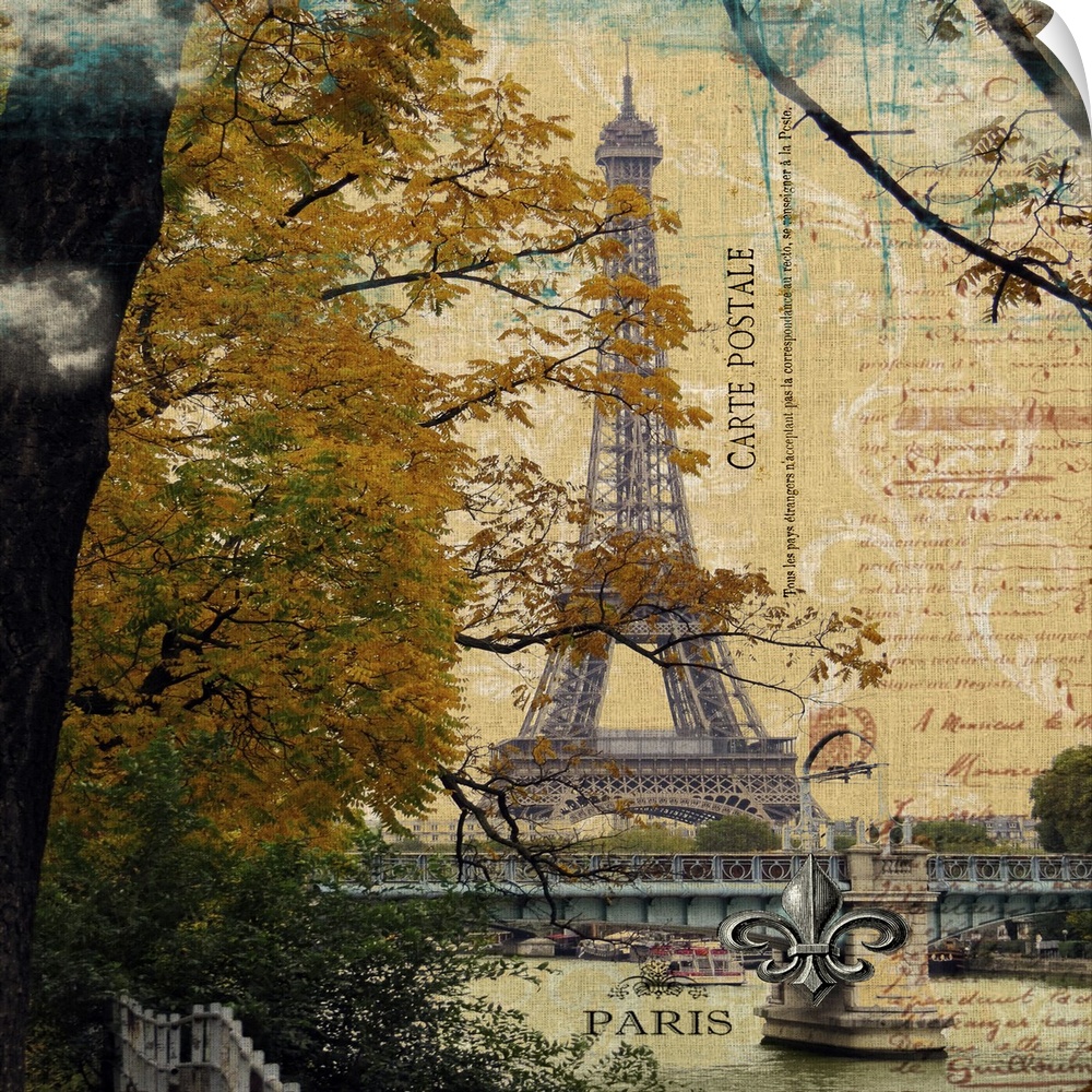 Travel collage of the Eiffel Tower, decorated with french text.