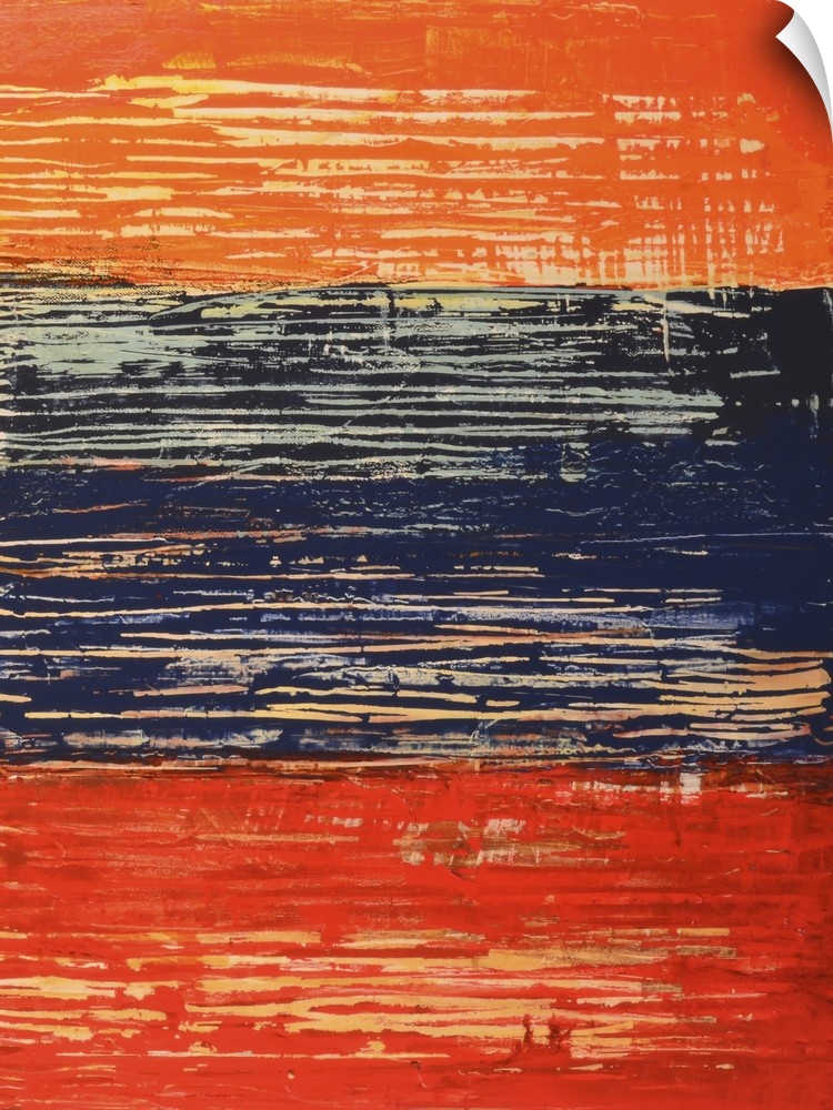Abstract art using orange, red and dark blue in a weathered and worn look.