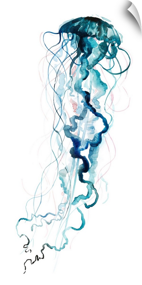 Large panel watercolor painting of a jellyfish made in shades of blue with hints of pale pink.