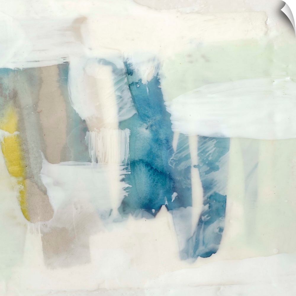 Pale colored abstract artwork in shades of yellow and mint green.