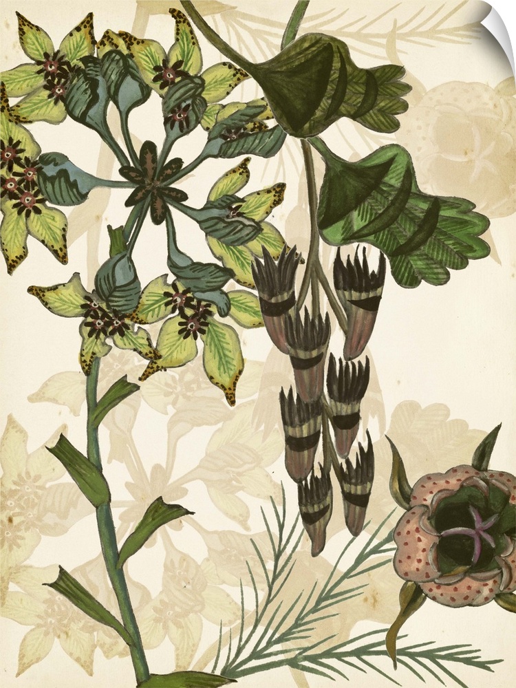 Contemporary artwork of garden flowers in muted shades against a beige floral background.