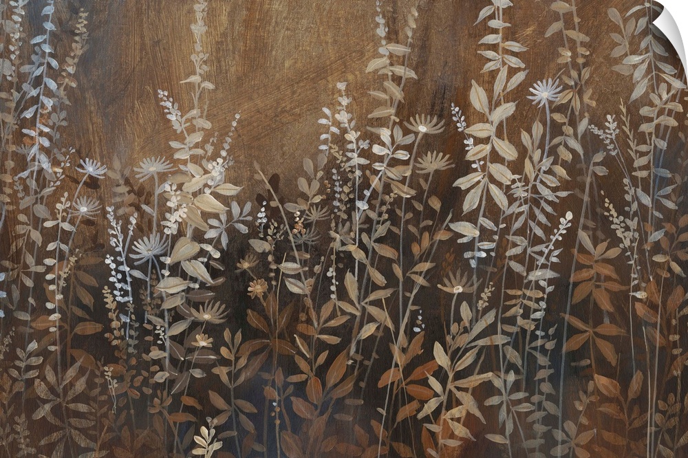 A field full of wild flowers and plants in muted brown earth tones.