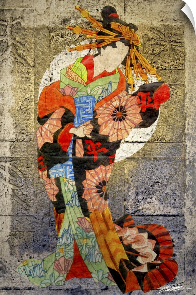 Colorful artwork of a woman wearing a floral kimono.