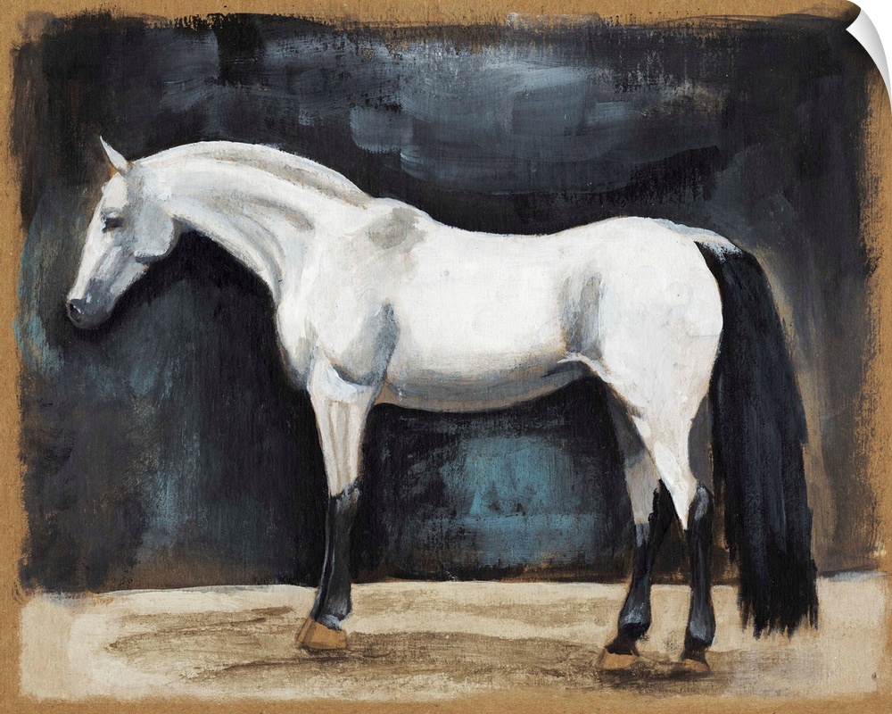 Contemporary painting of a white horse against a dark background.