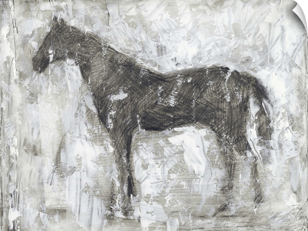 Contemporary artwork of a horses silhouette against a white background.