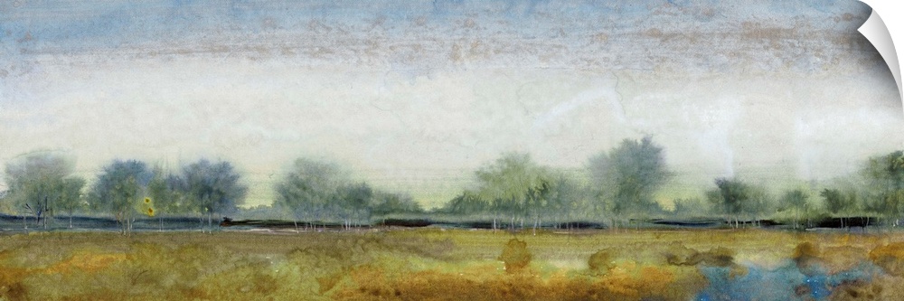 Contemporary landscape painting of an open field with trees along the edge.