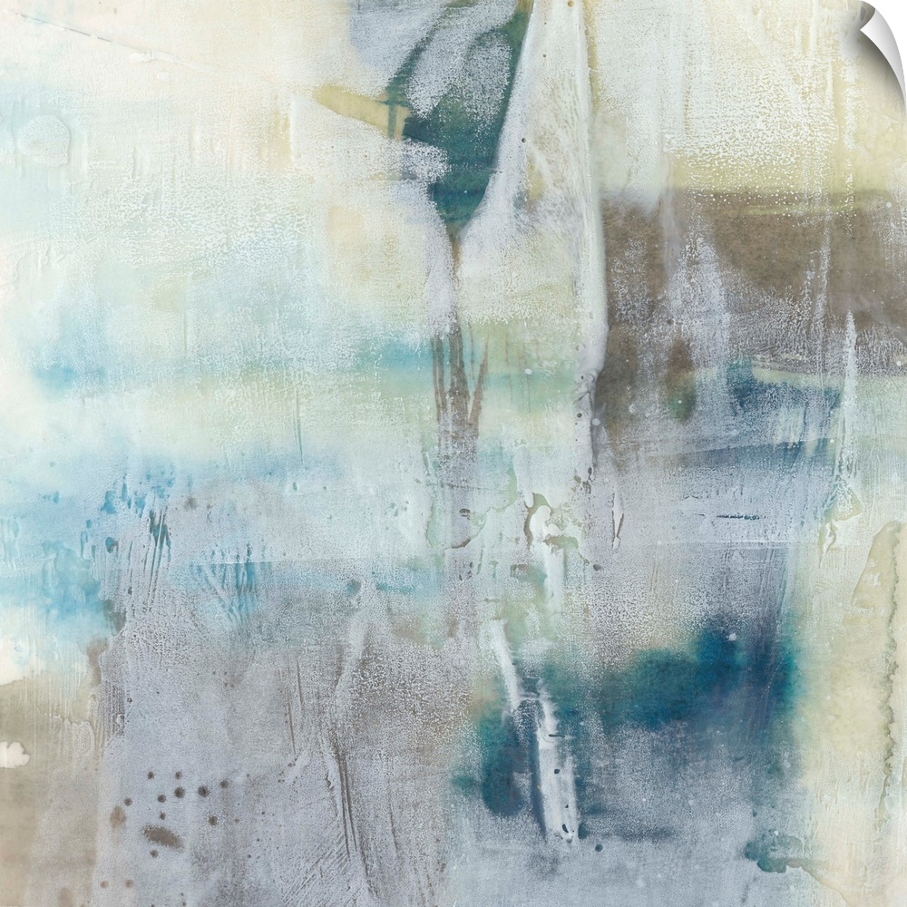 Contemporary abstract art print in pale blue and tan shades, with a washed out effect.