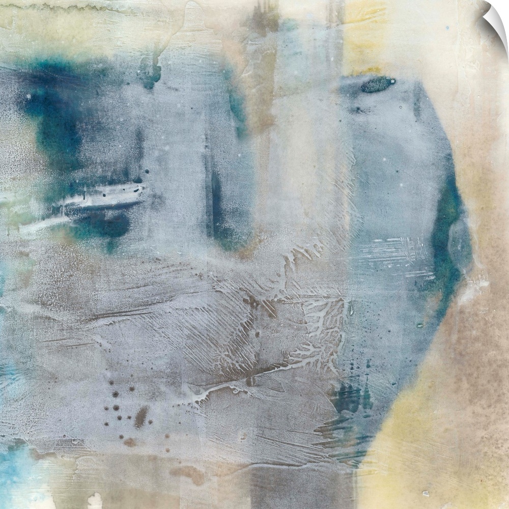 Contemporary abstract art print in pale blue and tan shades, with a washed out effect.