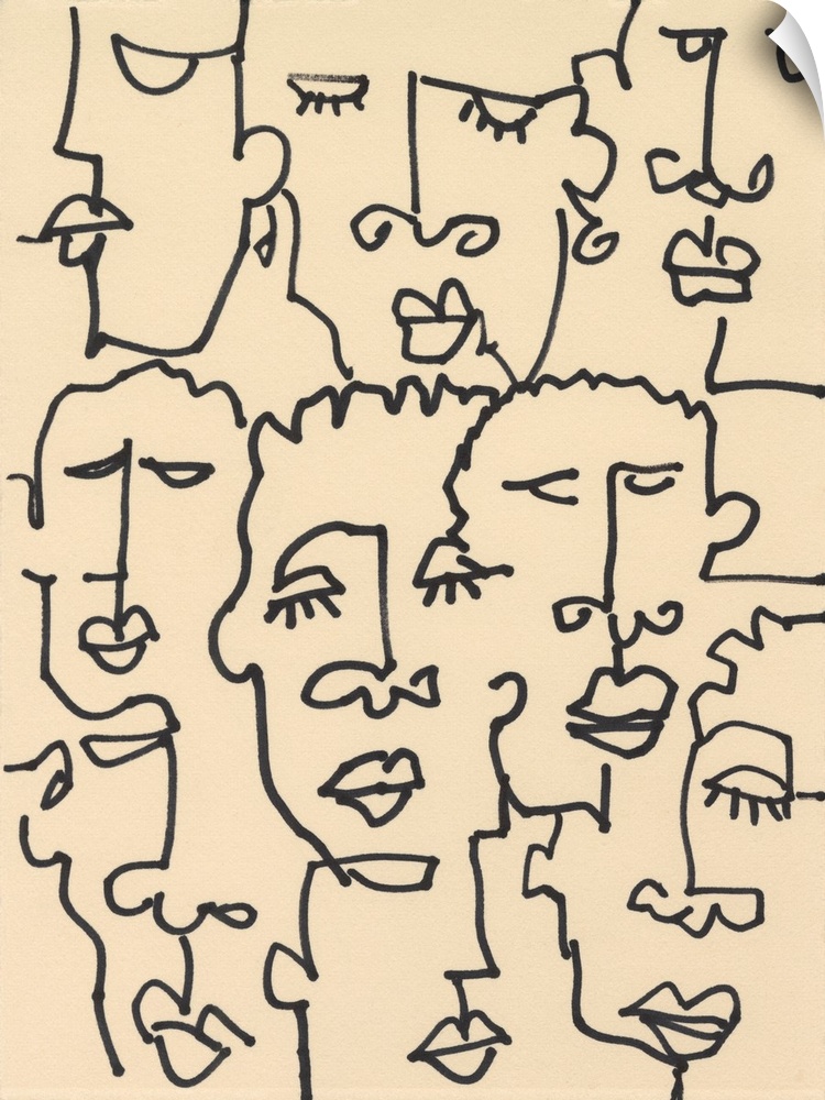 Contemporary line art illustration of peoples' faces in black lines on a tan background