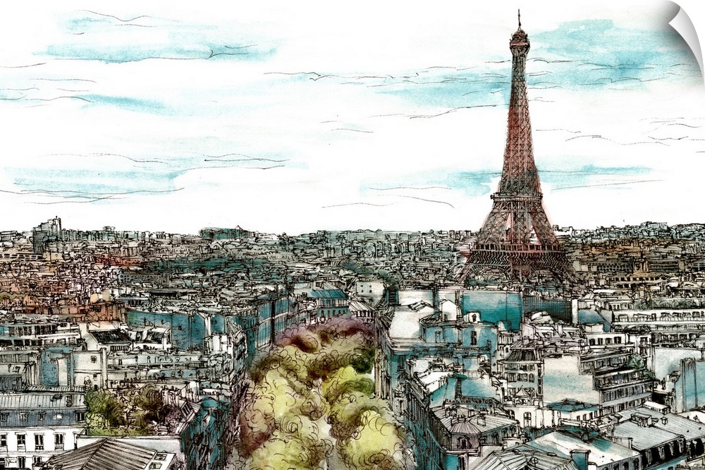 Contemporary sketch with filled in color of a cityscape in Paris, France with the Eiffel Tower towering over the city.
