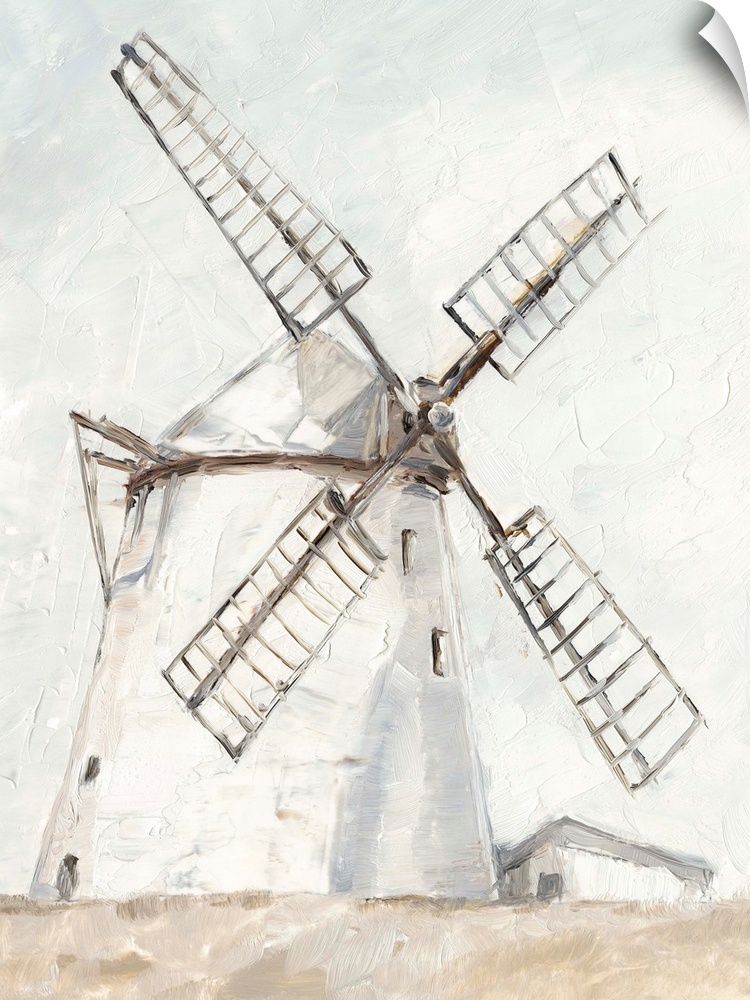 A painting of a windmill in a simple, neutral rustic style. Would be a perfect fit in a cottage or farmhouse decor scheme.