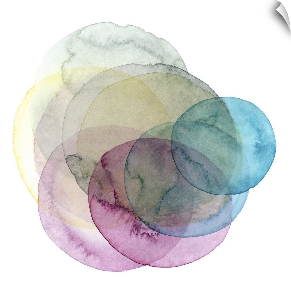 Inspired by the cosmos, these spinning watercolor circles resemble the orbit a planet takes in shades of blue, pink and ye...
