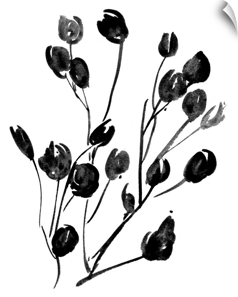 Flowers drawn in black ink centered over a white background in this contemporary artwork.