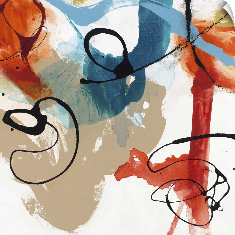 Contemporary abstract artwork in wild swirls and splatters in black, red, blue, and tan.