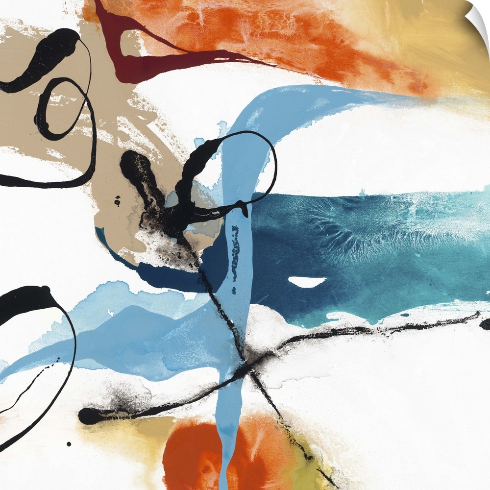 Contemporary abstract artwork in wild swirls and splatters in black, orange, blue, and tan.