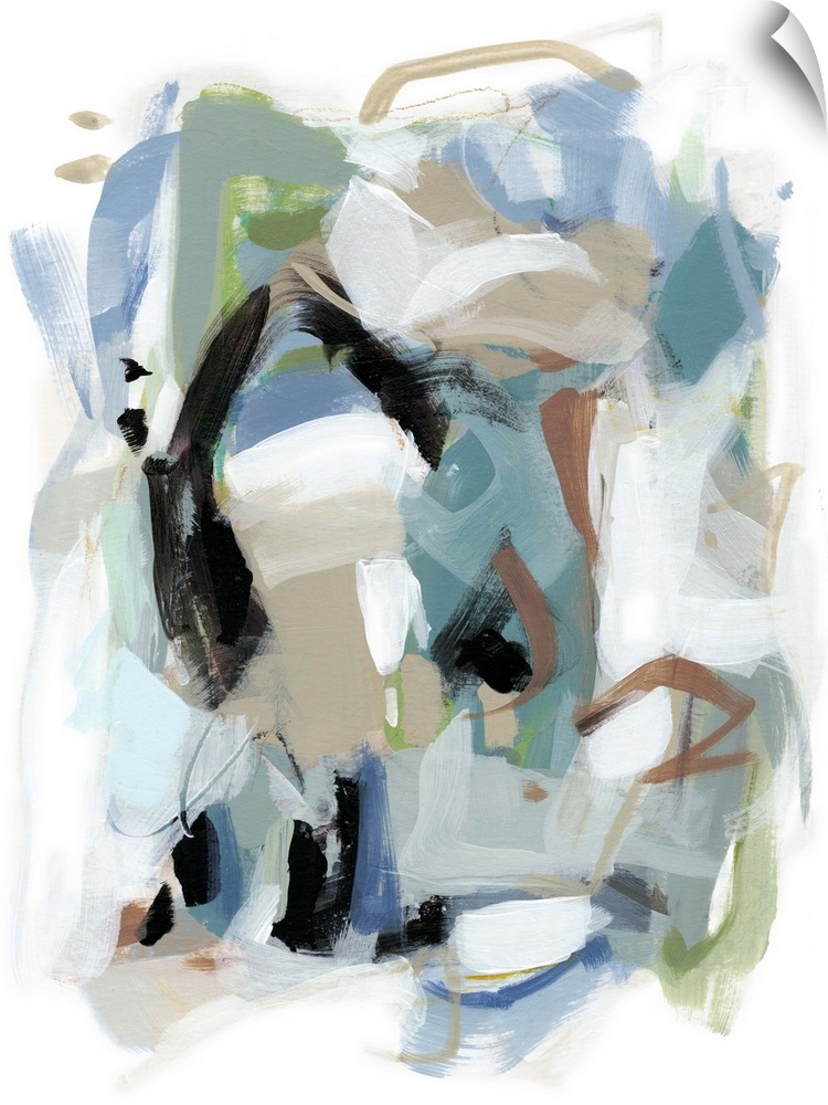 Contemporary abstract artwork in shades of teal, white, and black.