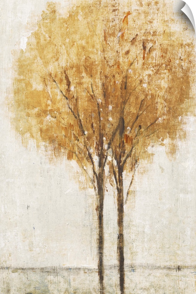 Contemporary artwork of two trees in a field in autumn.