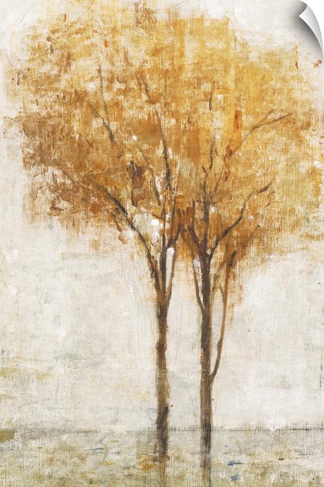 Contemporary artwork of two trees in a field in autumn.