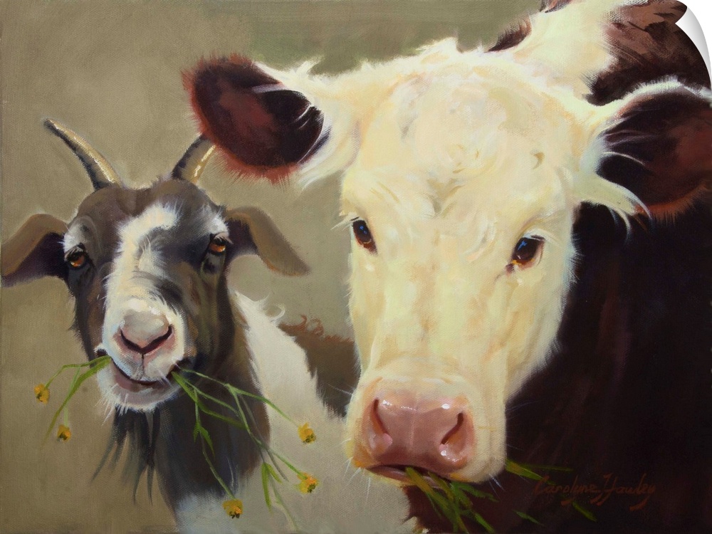 Contemporary artwork of two unexpected farm animals relaxing together.