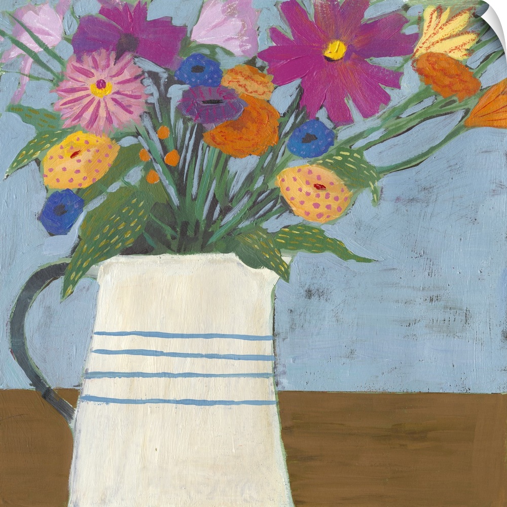 Folk art painting of bouquet of flowers in a farmhouse pitcher.