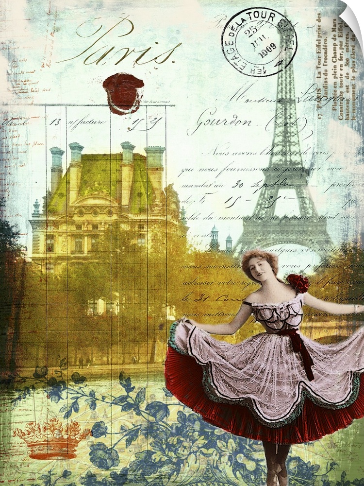 Travel collage of Paris featuring a french ballet dancer decorated with french text.