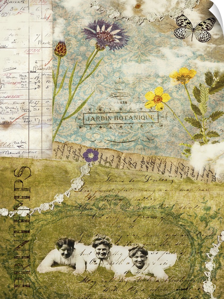 Travel collage of a vintage scene over vintage documents with french themed elements.