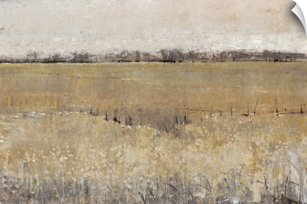 Contemporary painting of a meadow with a small fence running through it.