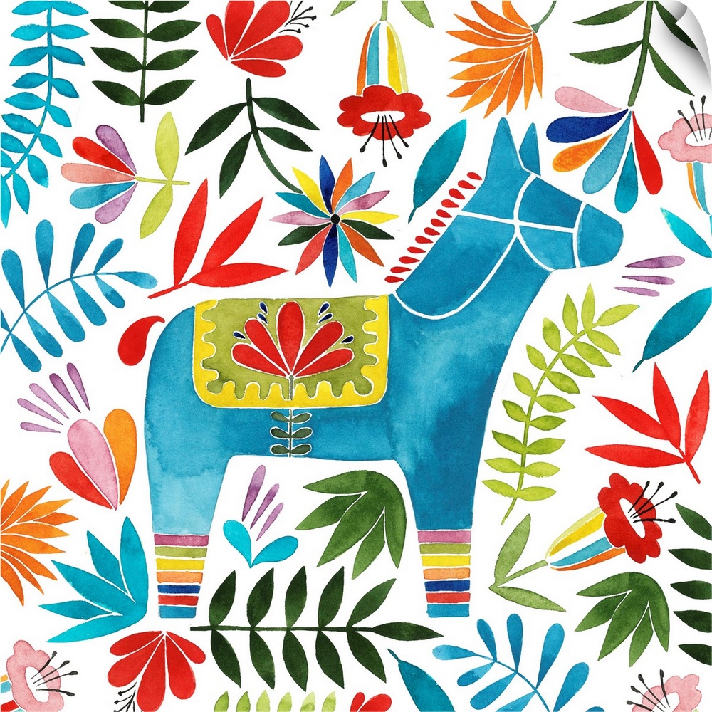 Decorative square watercolor painting of a colorful donkey surrounded by florals with an Otomi look.