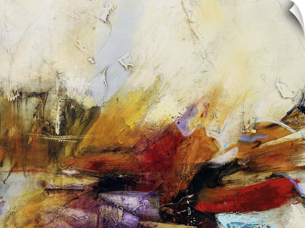 Horizontal abstract painting in tones of yellow, orange and red with textured cream accents.