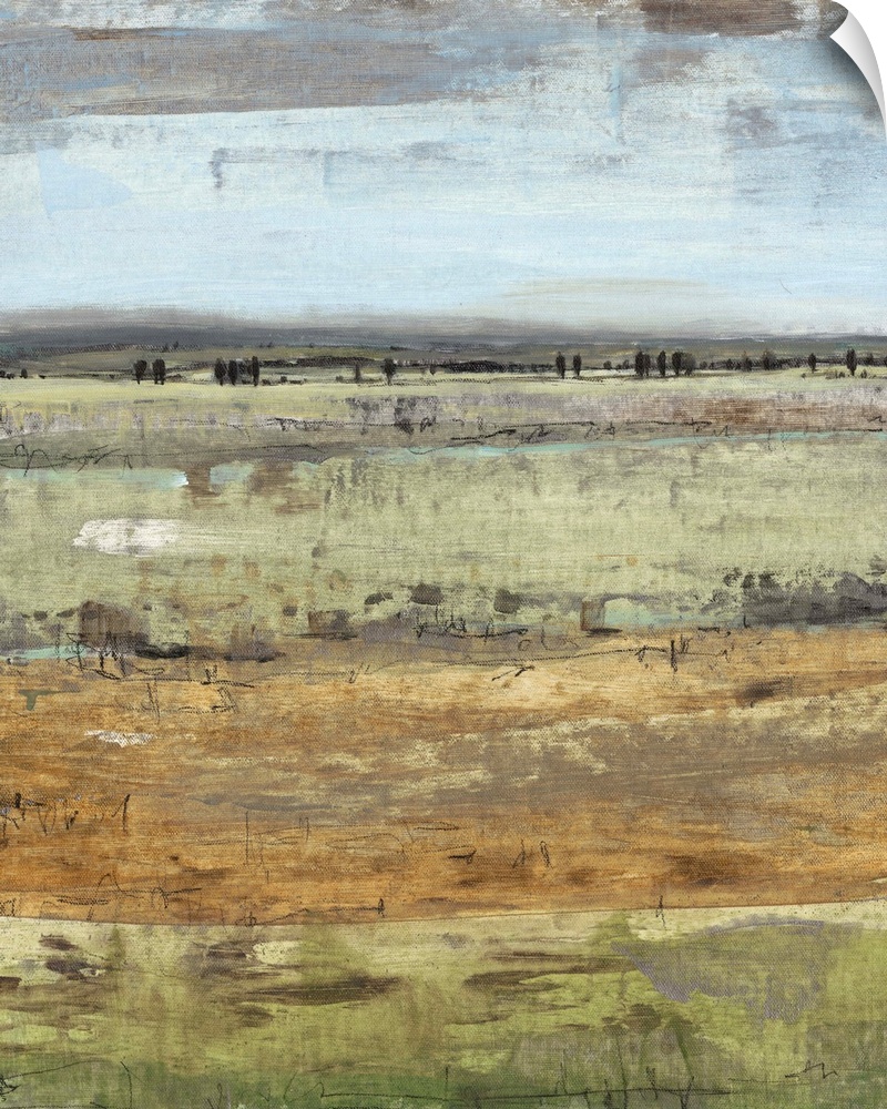 Contemporary painting of an open field under a pale grey sky.