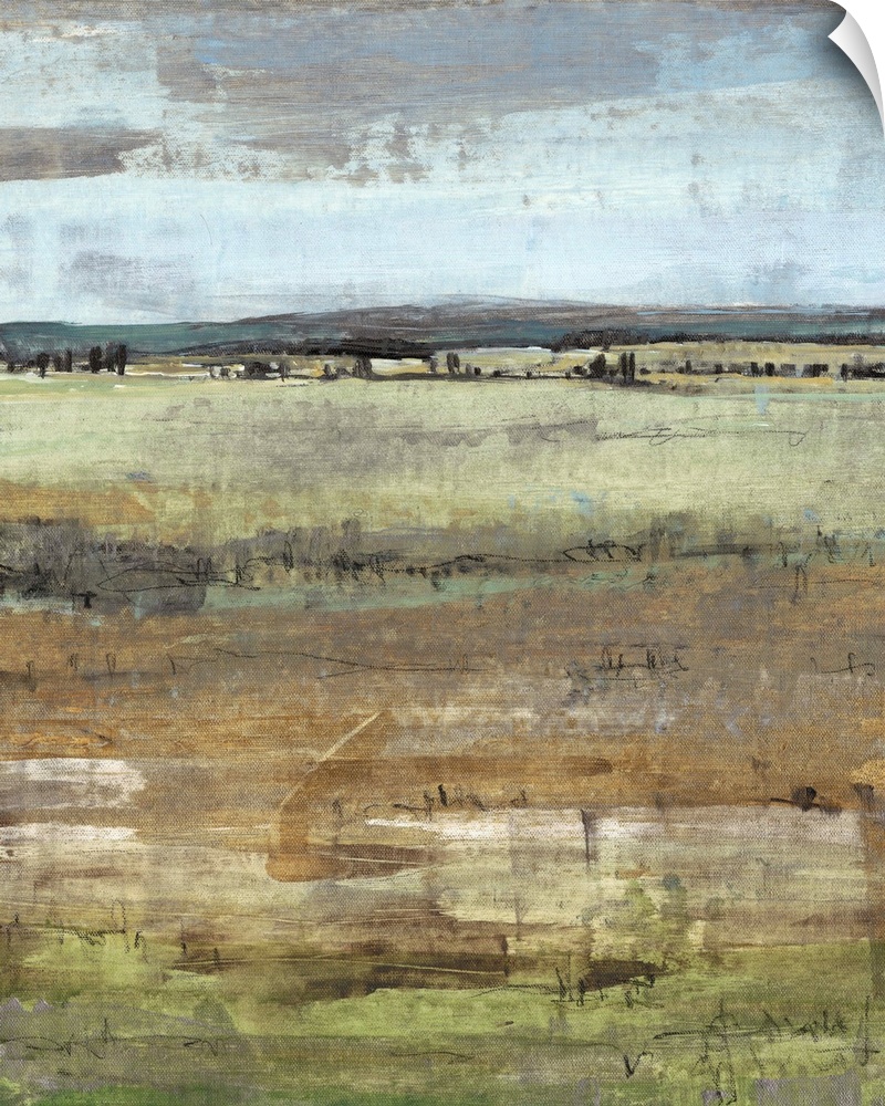 Contemporary painting of an open field under a pale grey sky.