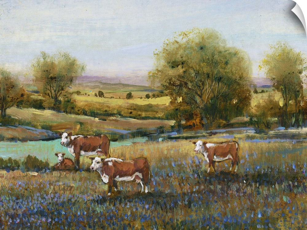 Contemporary artwork of a calm countryside filled with grazing cows and blue flowers created with nimble brush strokes.