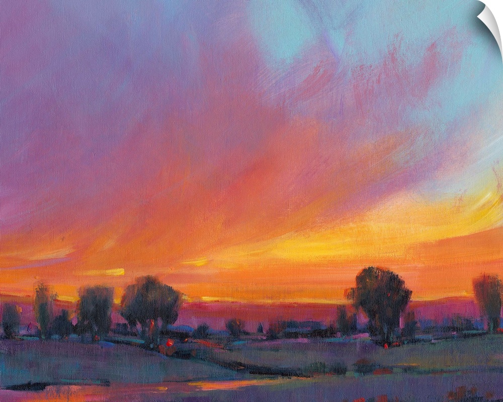Contemporary painting with vibrant oranges and yellows of a sun setting over the countryside.