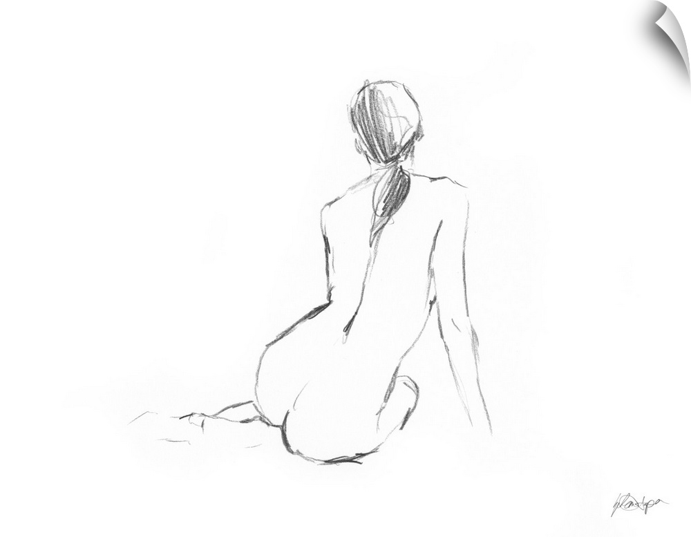 Simple sketch of a nude female figure, seen from the back.