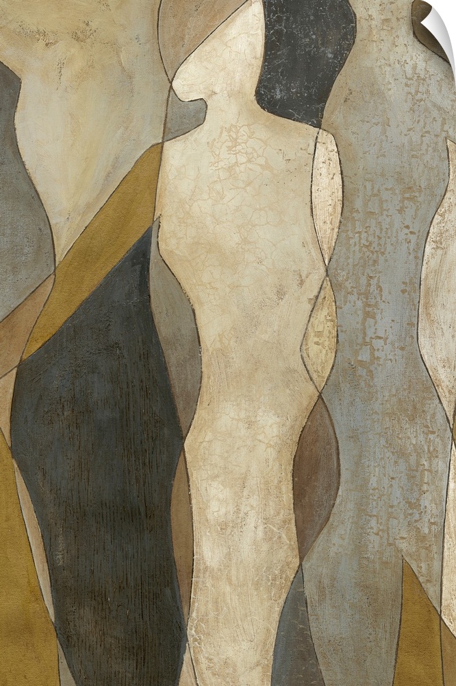Contemporary abstract painting of the silhouettes of two people with layered patterns of neutral tones.