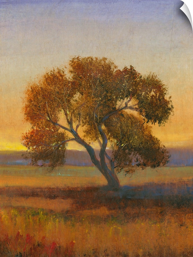 Contemporary landscape painting of a lone tree in a meadow at sunset.
