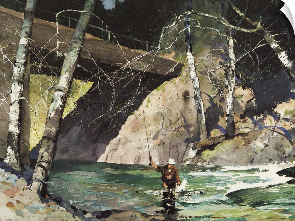 Contemporary watercolor painting of a man fishing in a river in the wilderness.