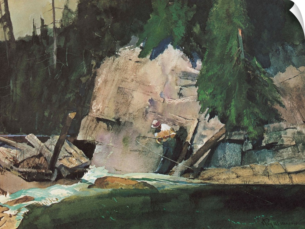 Contemporary watercolor painting of a man fishing in a river in the wilderness.