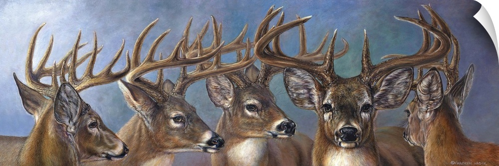 Contemporary painting of five male deer in a row.