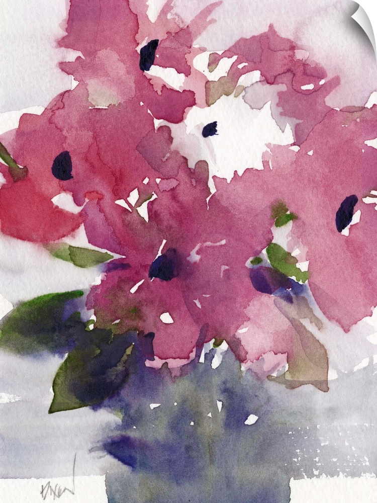 Contemporary watercolor painting of a vase of maroon flowers.
