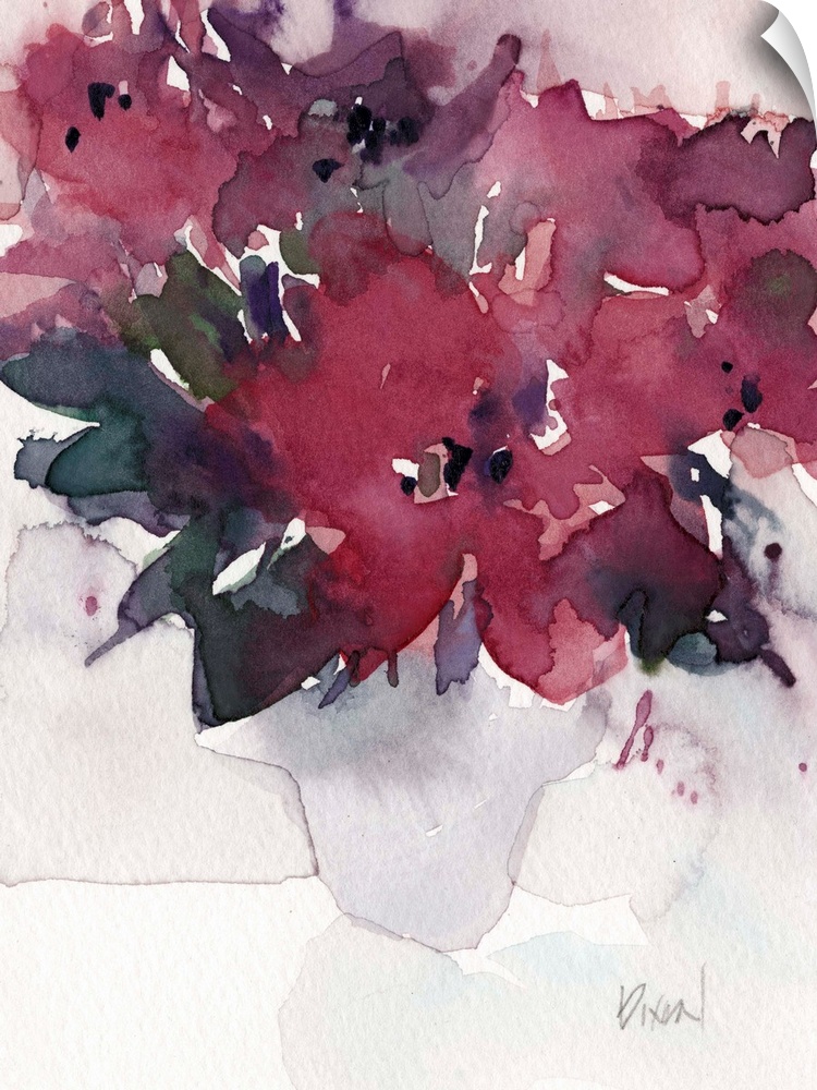 Contemporary watercolor painting of a vase of maroon flowers.