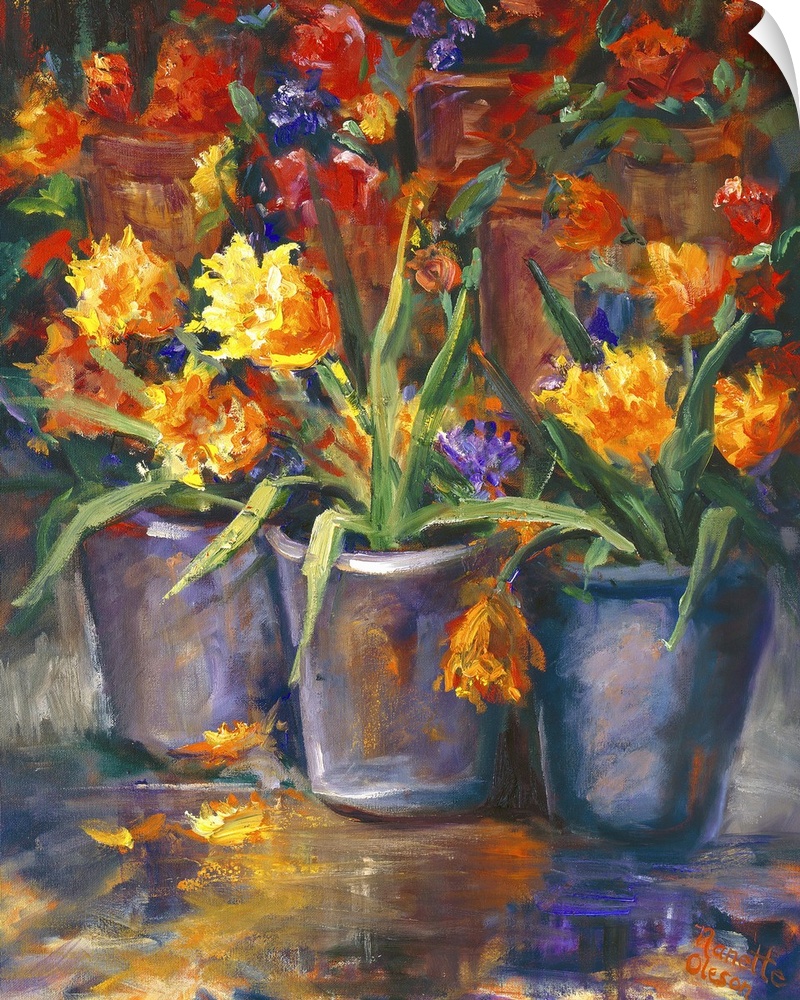 Still life painting of three vases full of bright flowers.
