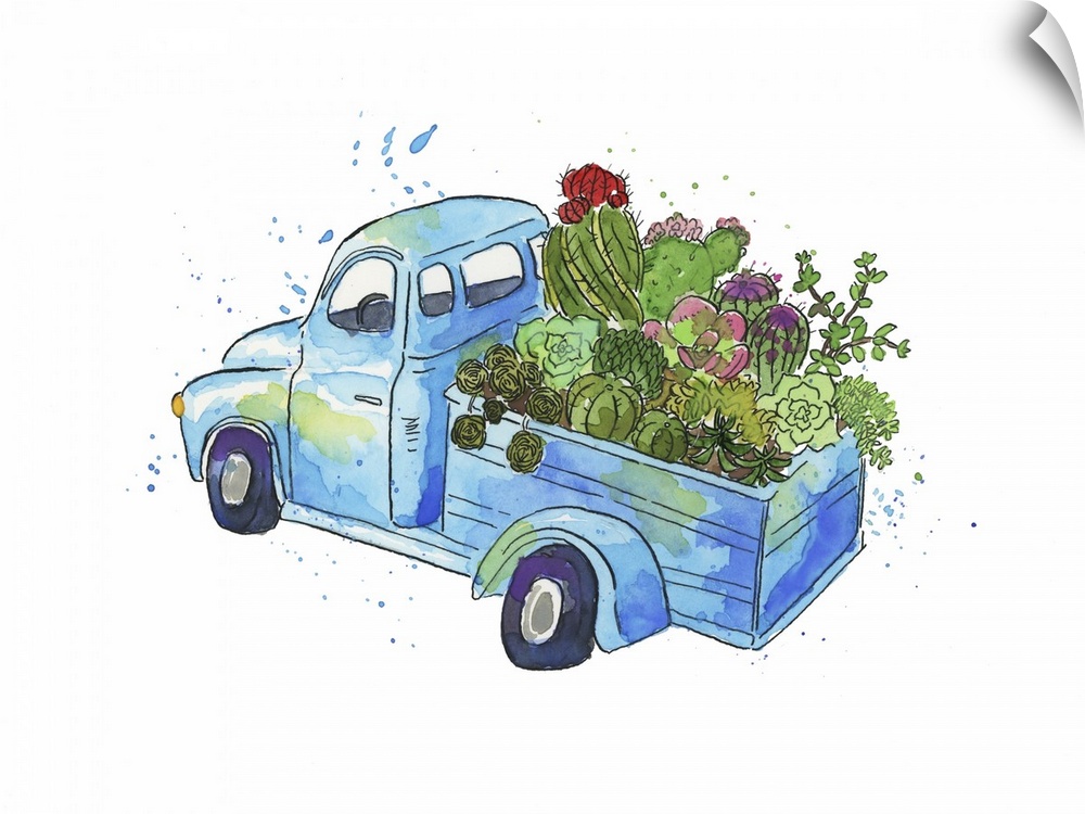 One painting in a series of watercolor scenes featuring a vintage truck packed full of plants and flowers.