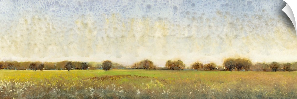 Contemporary painting of a meadow with trees in the distance.