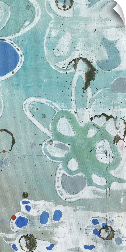 Contemporary abstract painting in blue teal tones of organic floral shapes.