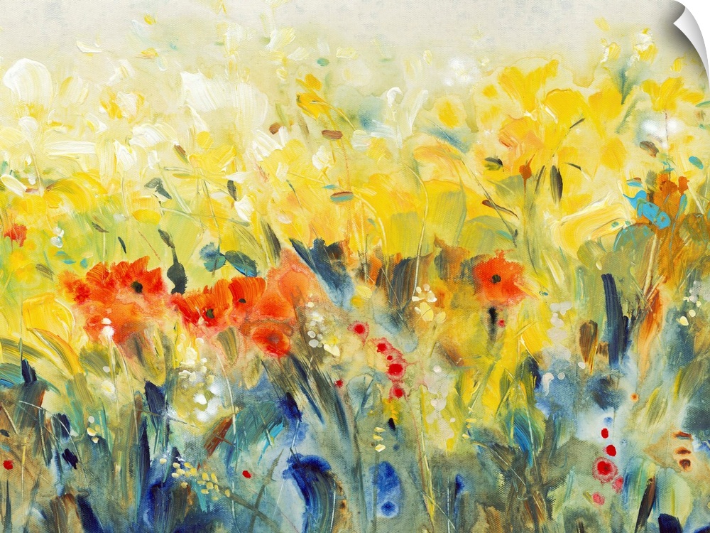 Contemporary painting of a field of a wildflowers in golden yellow and deep red.